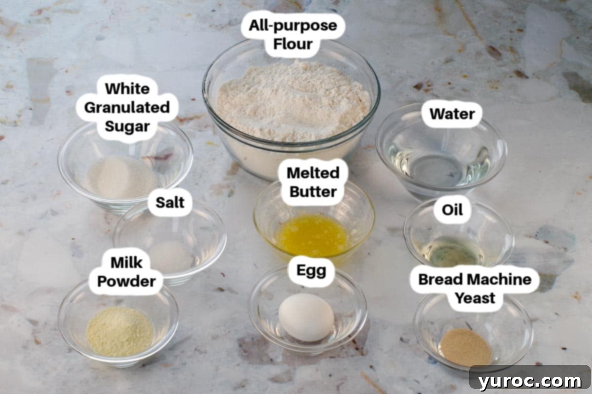 Ingredients for Bread Machine Paska, neatly arranged in glass bowls and clearly labelled for easy identification.