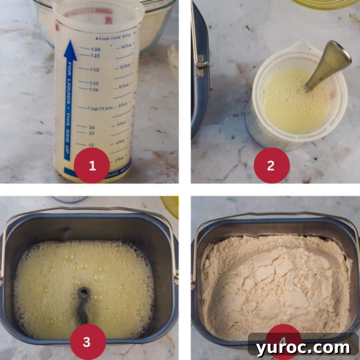 Collage of 4 photos depicting the initial stages of dough mixing for Bread Machine Paska.