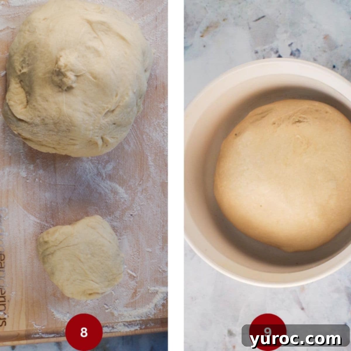 Collage of 2 photos demonstrating Ukrainian Paska bread dough being divided and shaped into a round loaf.