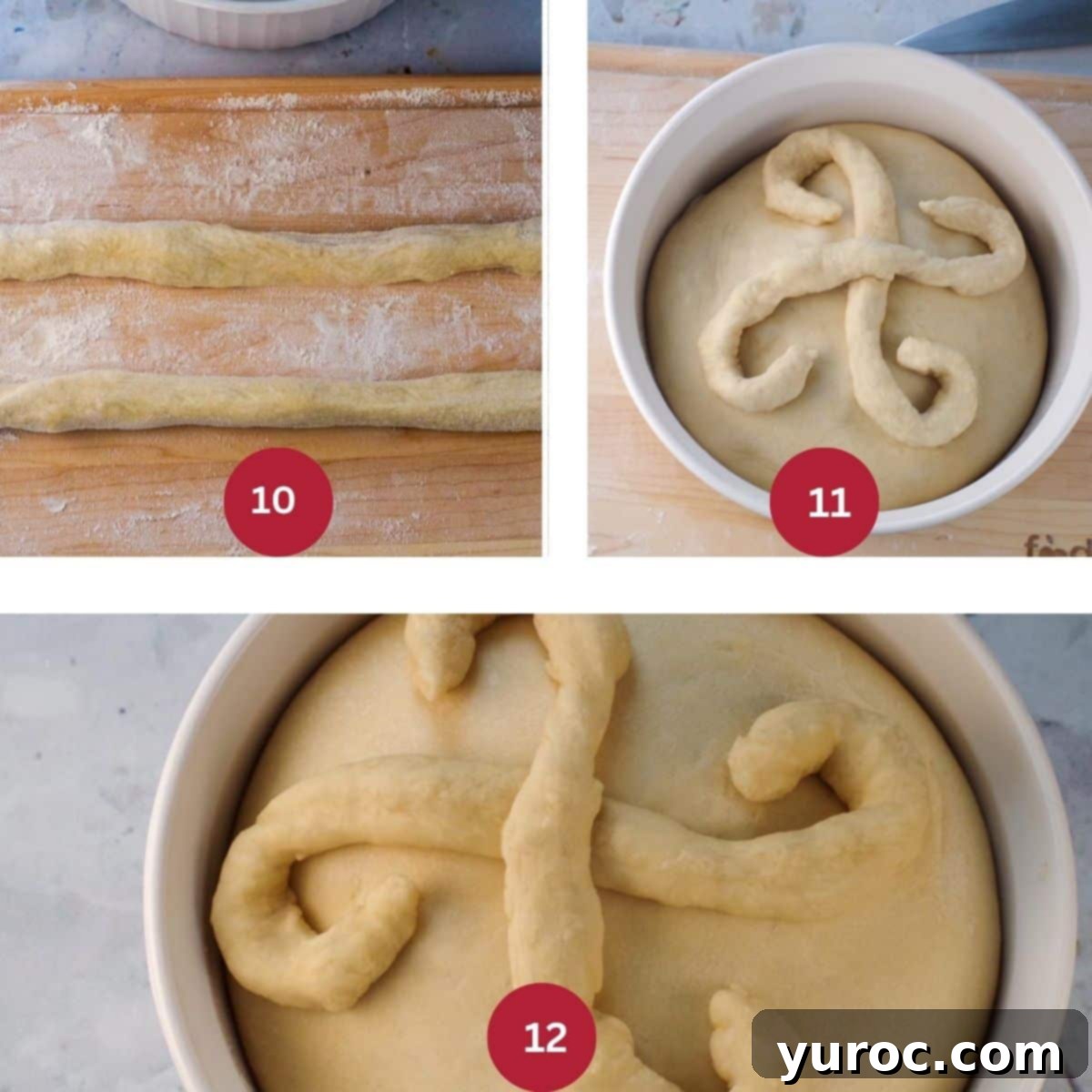 Collage of 3 photos showcasing the intricate process of decorating Paska bread with dough ornaments.