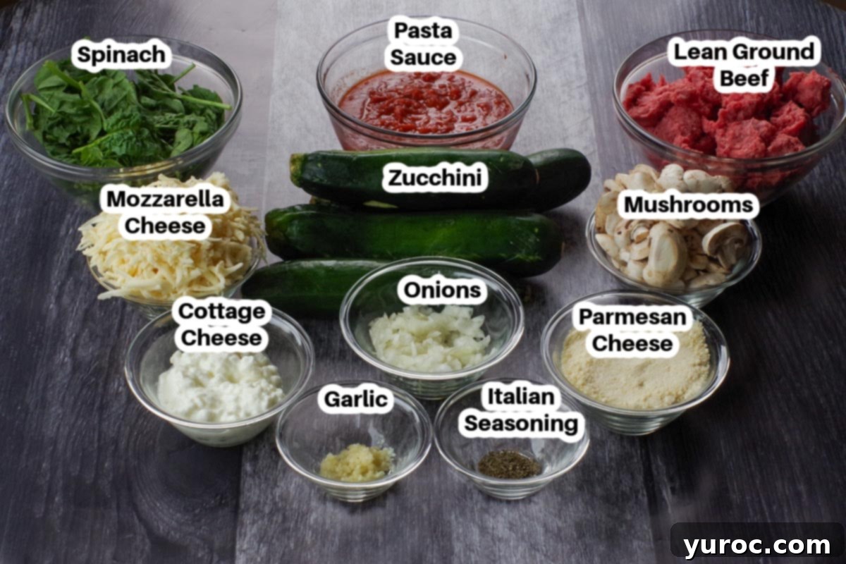 ingredients in Beef and Zucchini Lasagna in glass bowls, labelled