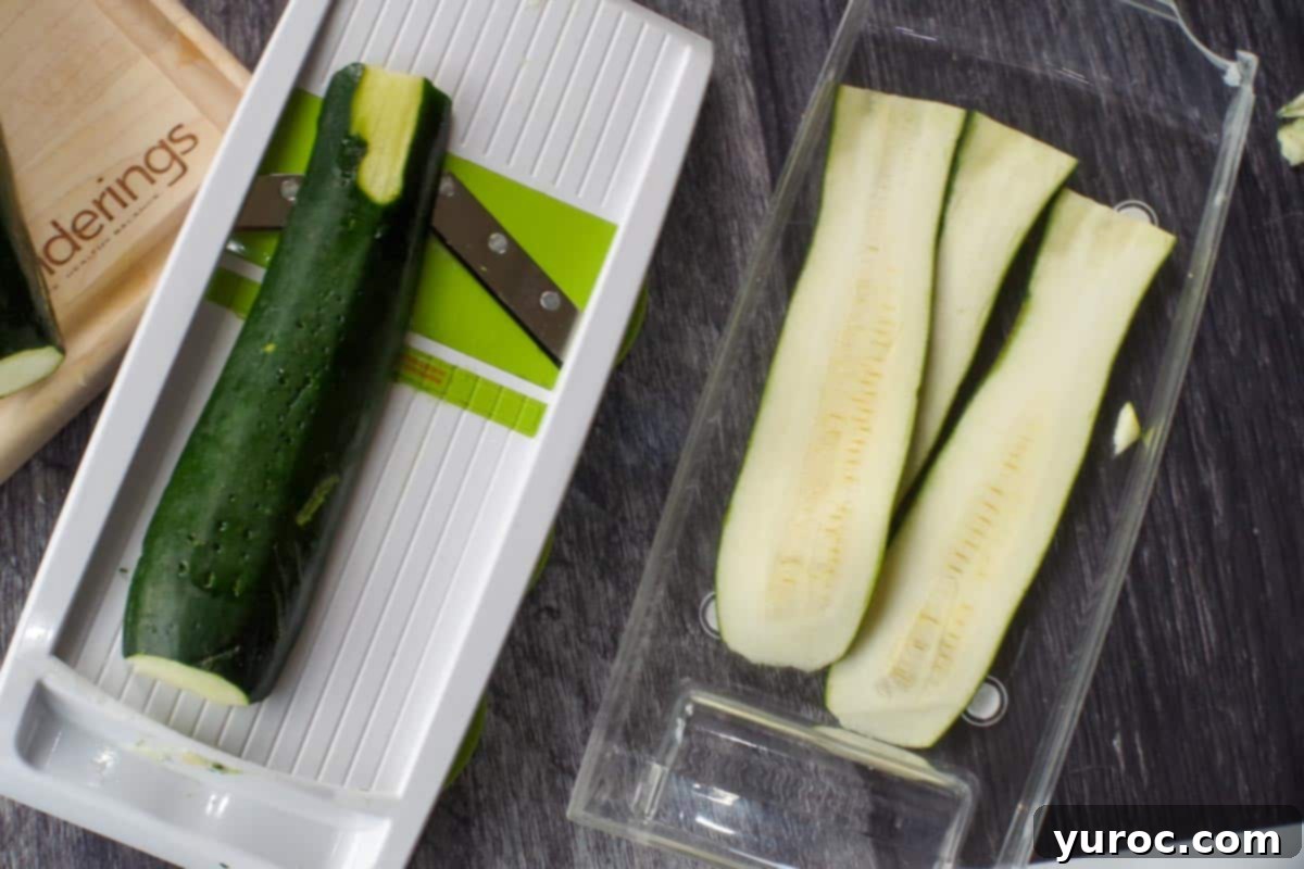 zucchini being sliced on a mandolin and zucchini slices in a plastic container