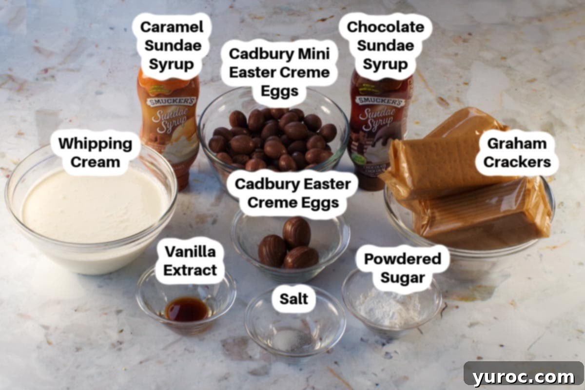 Ingredients in Easter Creme Egg Icebox cake in glass bowls, labelled.