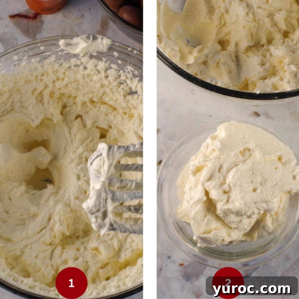 Collage of 2 photos of whipped cream being made for Easter Cream Egg Icebox Cake