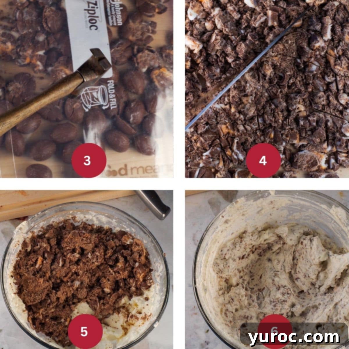 Collage of 4 photos of Easter Cream Egg Icebox Cake Filling being made.