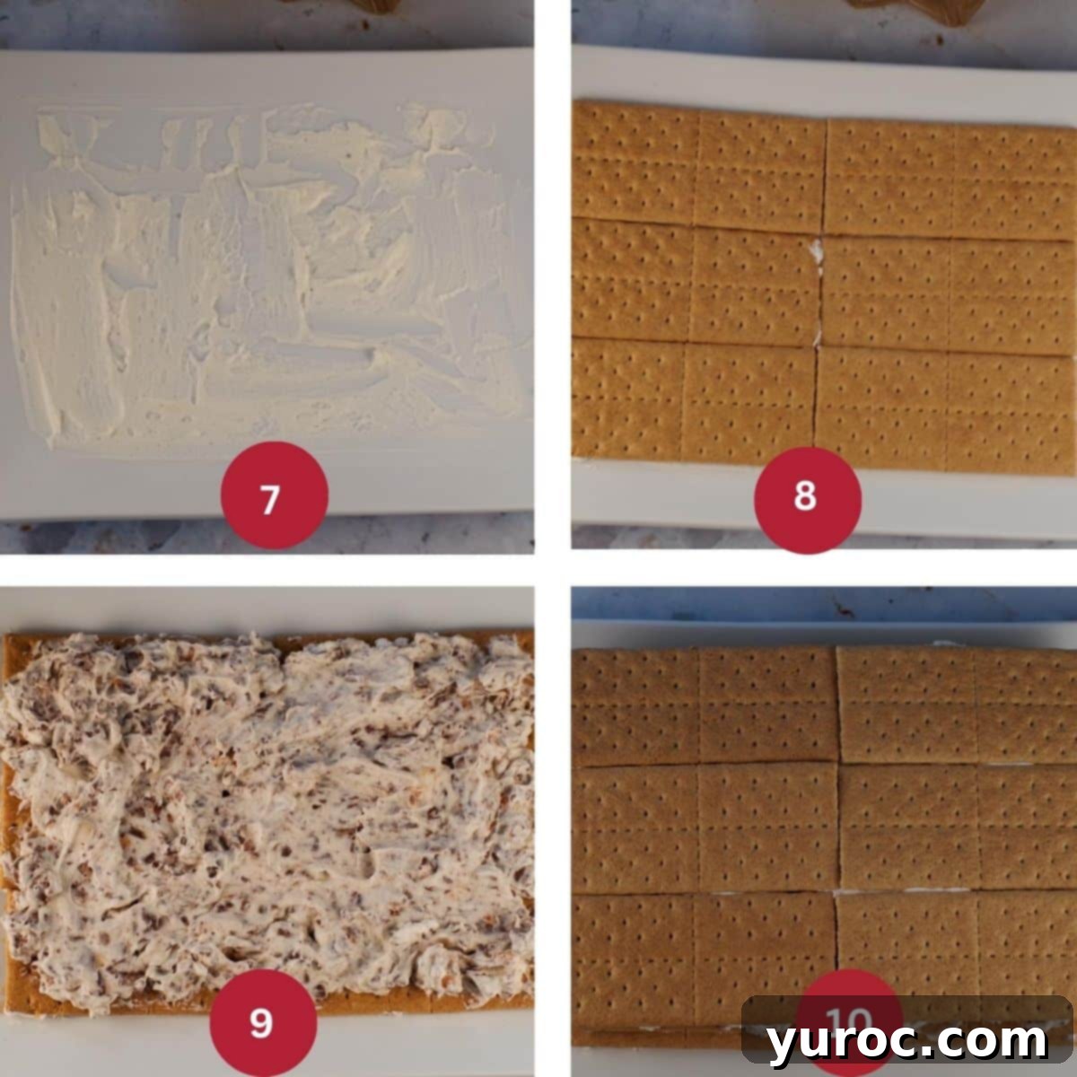 Collage of 4 photos of Easter Creme Egg Icebox Cake being assembled.
