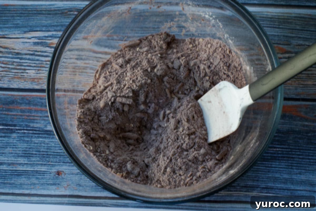 dry ingredients mixed together in glass bowl with spatula