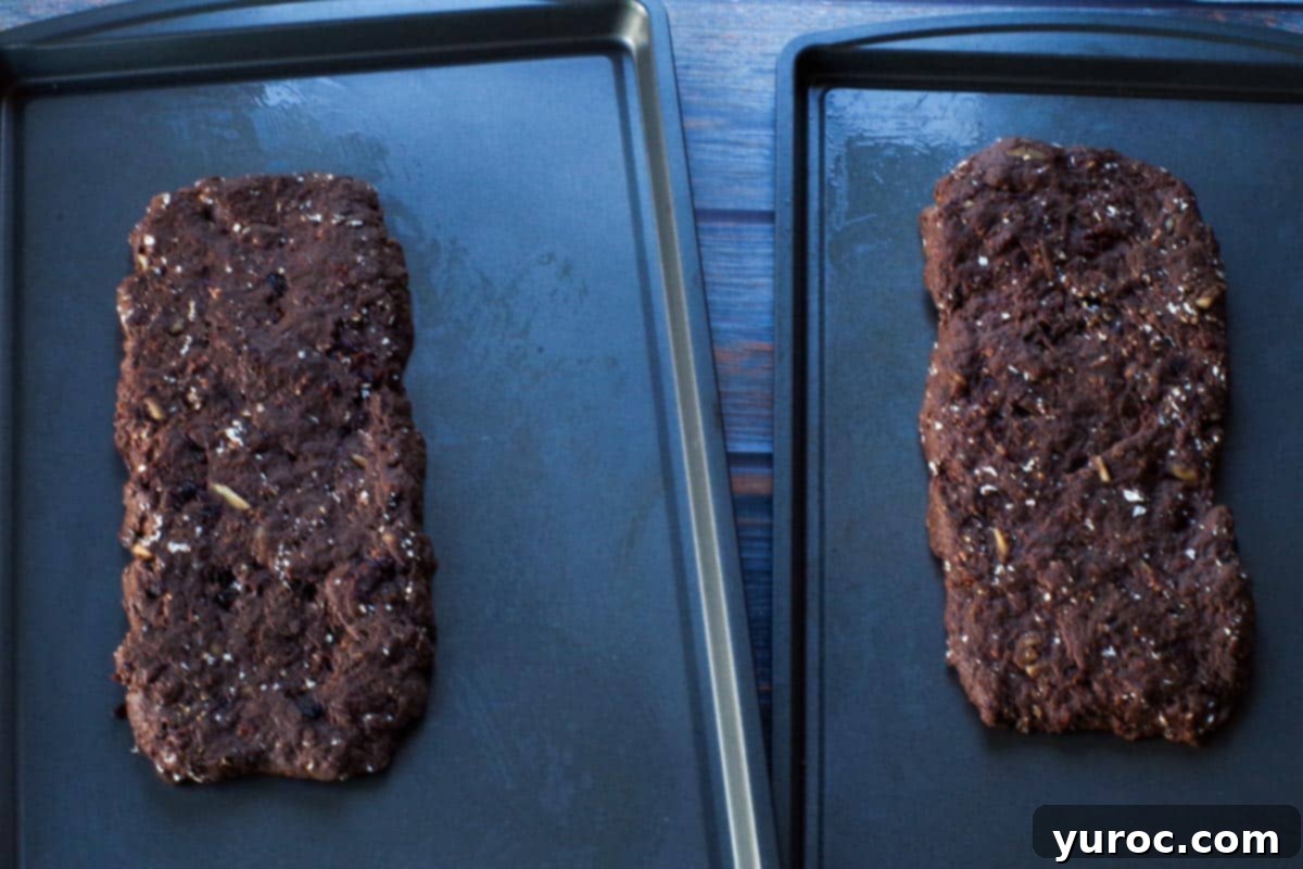 2 biscotti loaves ready for baking on baking sheets