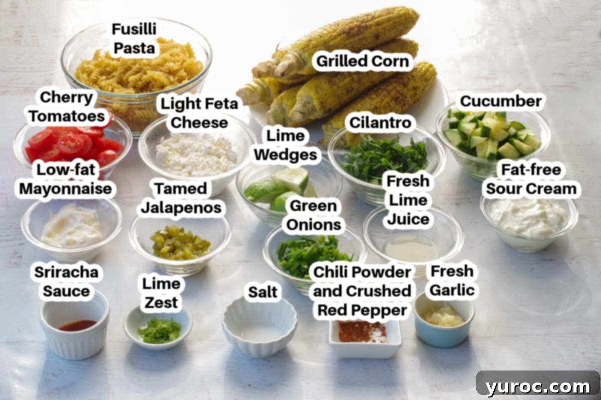 ingredients in Mexican street corn pasta salad in glass bowls, labelled