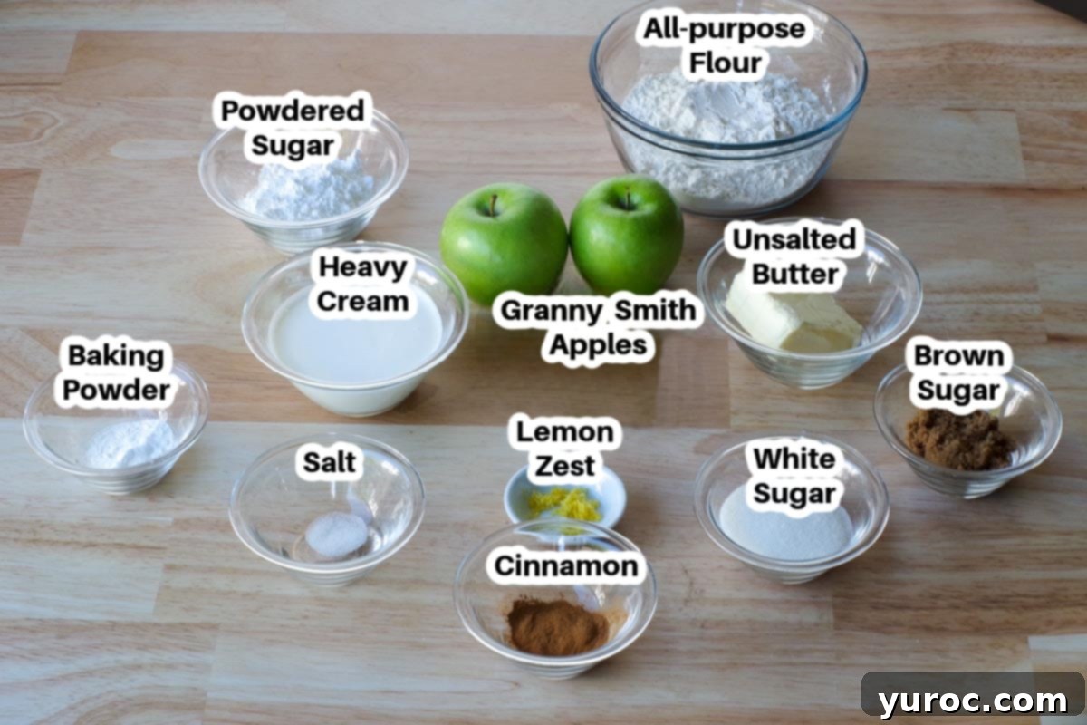 ingredients in apple cinnamon scones in glass bowls, labelled