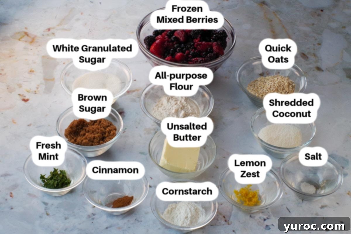 Triple Berry Crisp (with frozen berries) Ingredients in glass bowls, labelled.