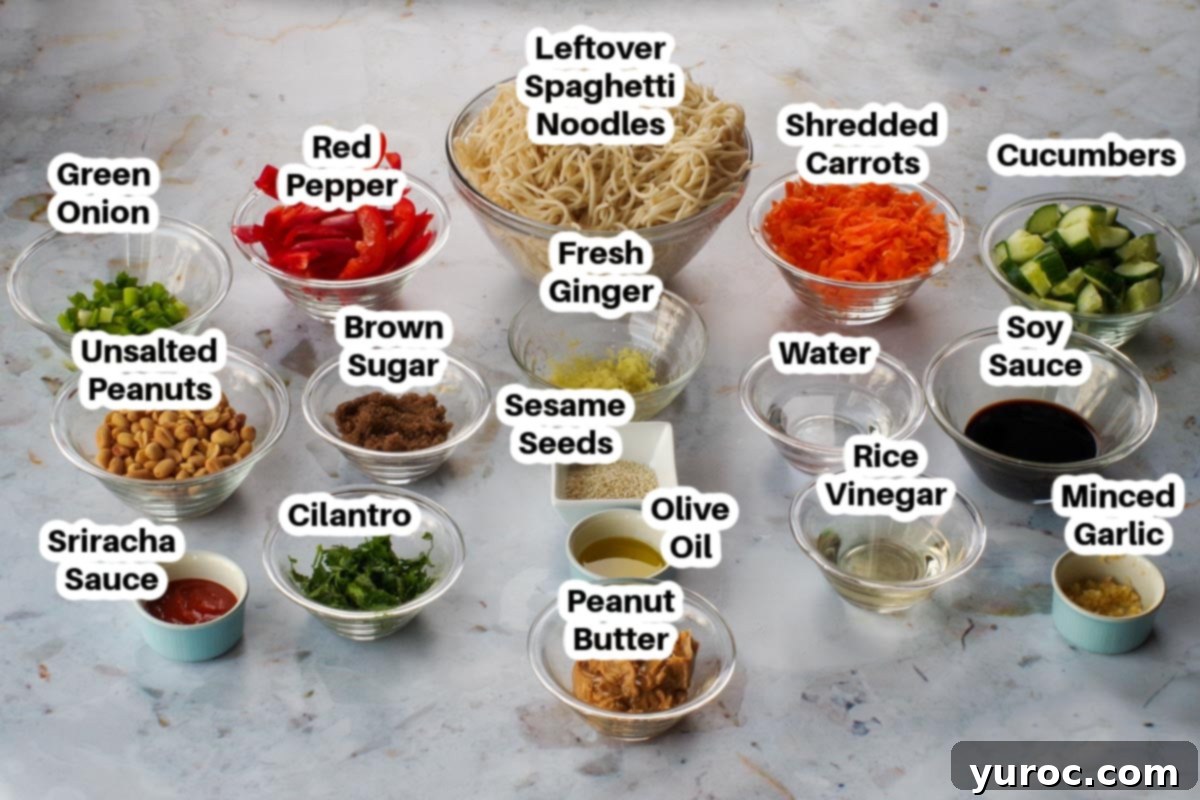Leftover Spaghetti Peanut Salad 3 ingredients in peanut pasta salad in glass bowls, labelled