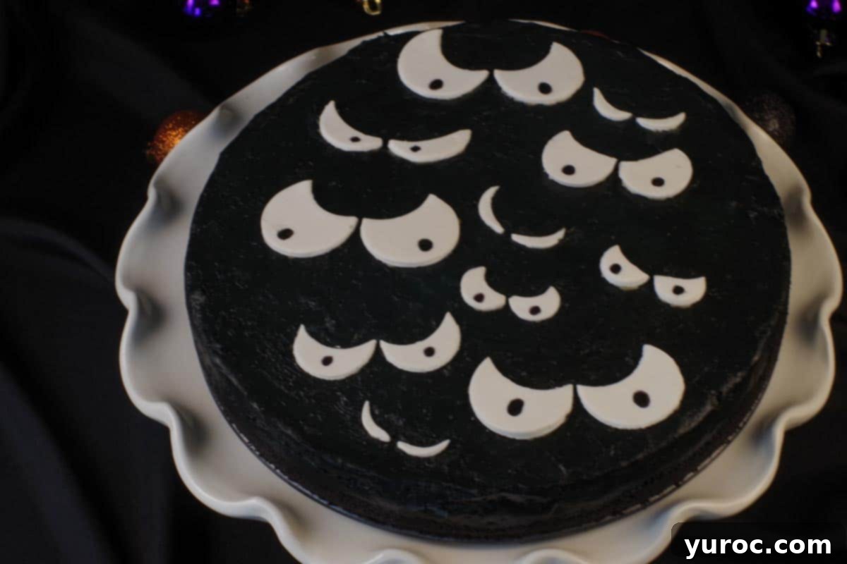 eyes added to black cheesecake