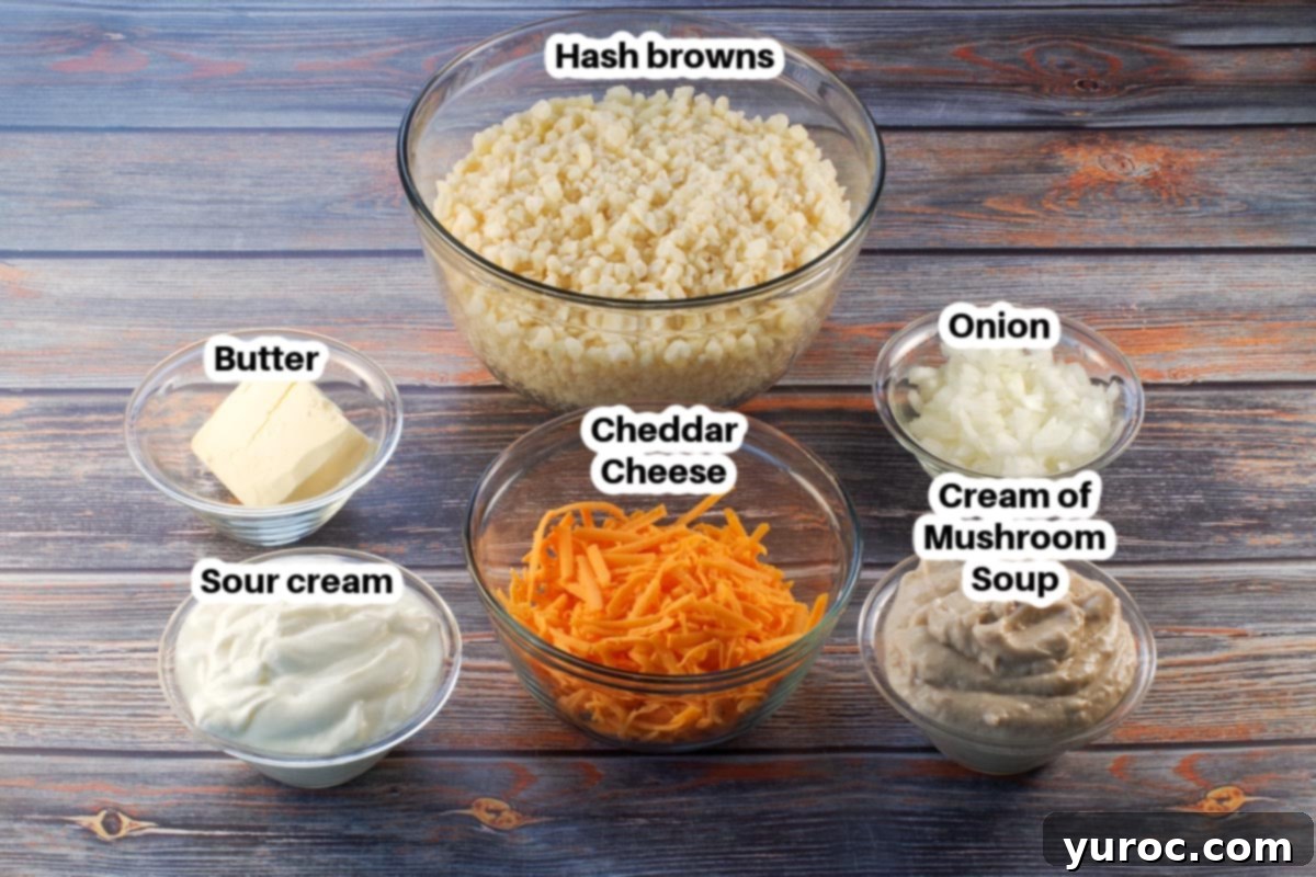 ingredients in hashbrown casserole in glass bowls, labelled