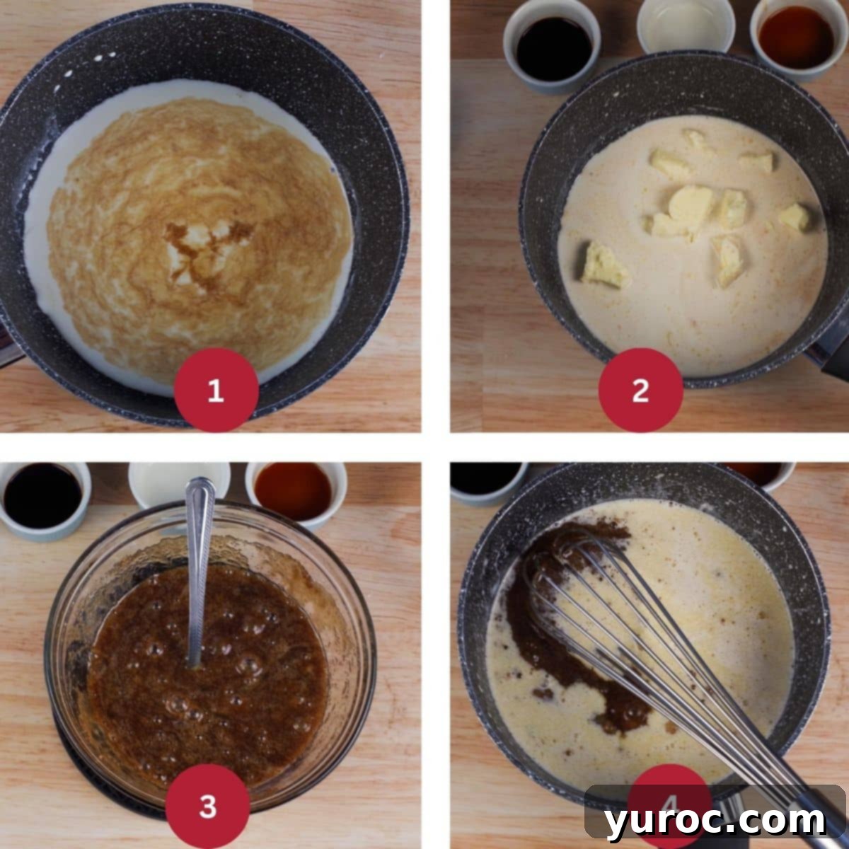 Four-step collage illustrating the preparation of the butter tart filling for the bundt cake.