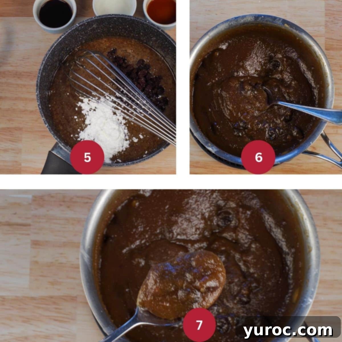 Collage showing three steps of thickening the butter tart bundt cake filling to the right consistency.