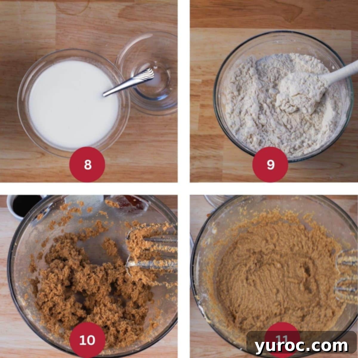 Four-image collage detailing the process of preparing the butter tart cake batter.
