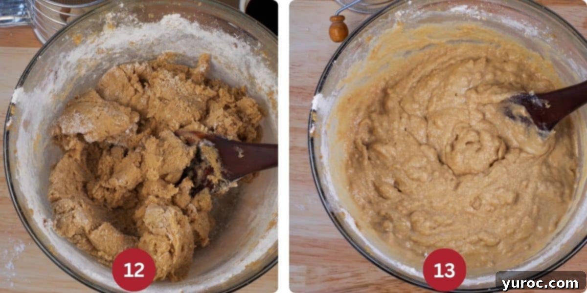 Two-image collage showing the final steps of mixing the cake batter for the butter tart bundt cake.