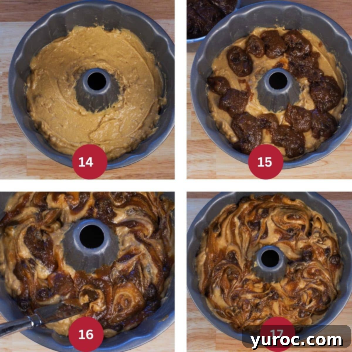 Four-image collage demonstrating the assembly of the butter tart bundt cake with the filling swirl.