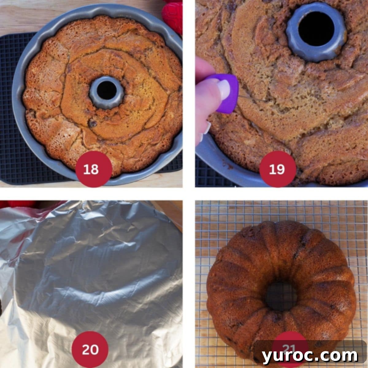 Four-image collage showing the stages of baking and cooling the butter tart bundt cake.