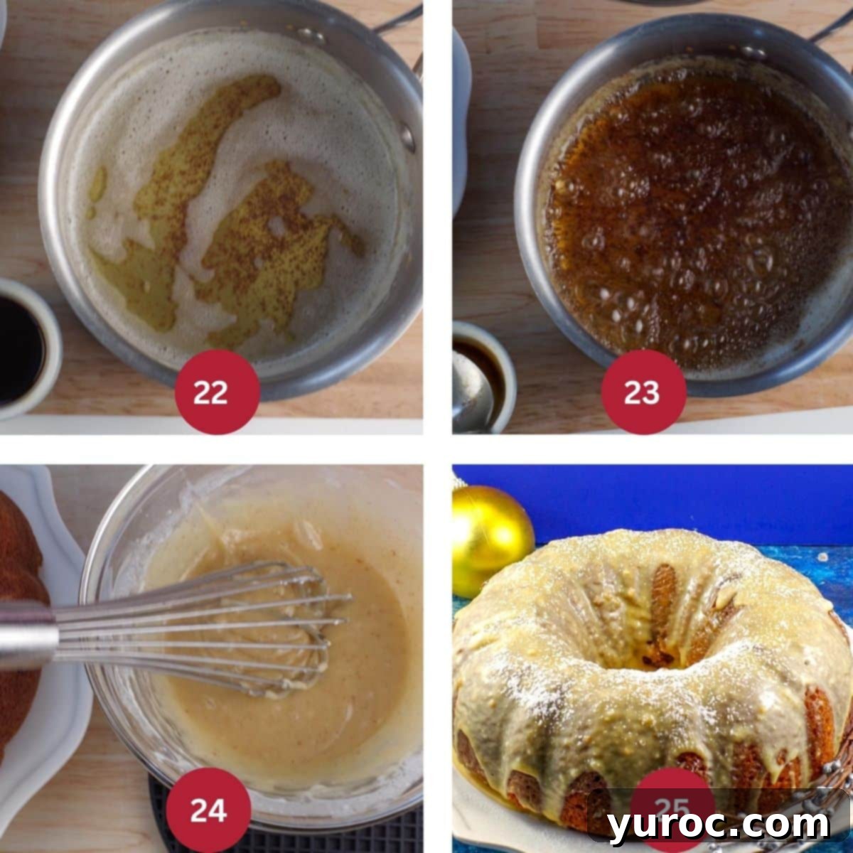 Four-image collage illustrating the process of making the brown butter maple glaze for the bundt cake.