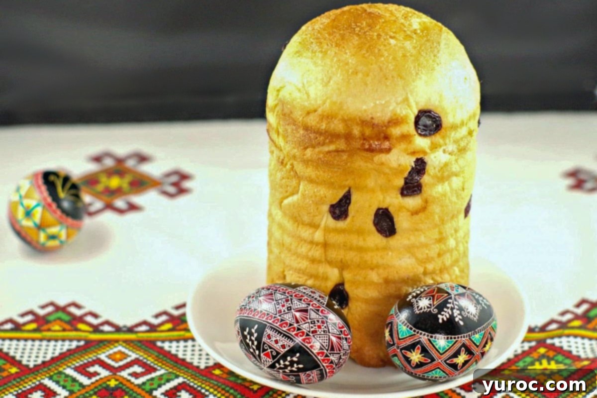 Bread Machine Ukrainian Easter Babka 2 Babka on a white plate, with Ukrainian Easter eggs. on a Ukrainian print tablecloth