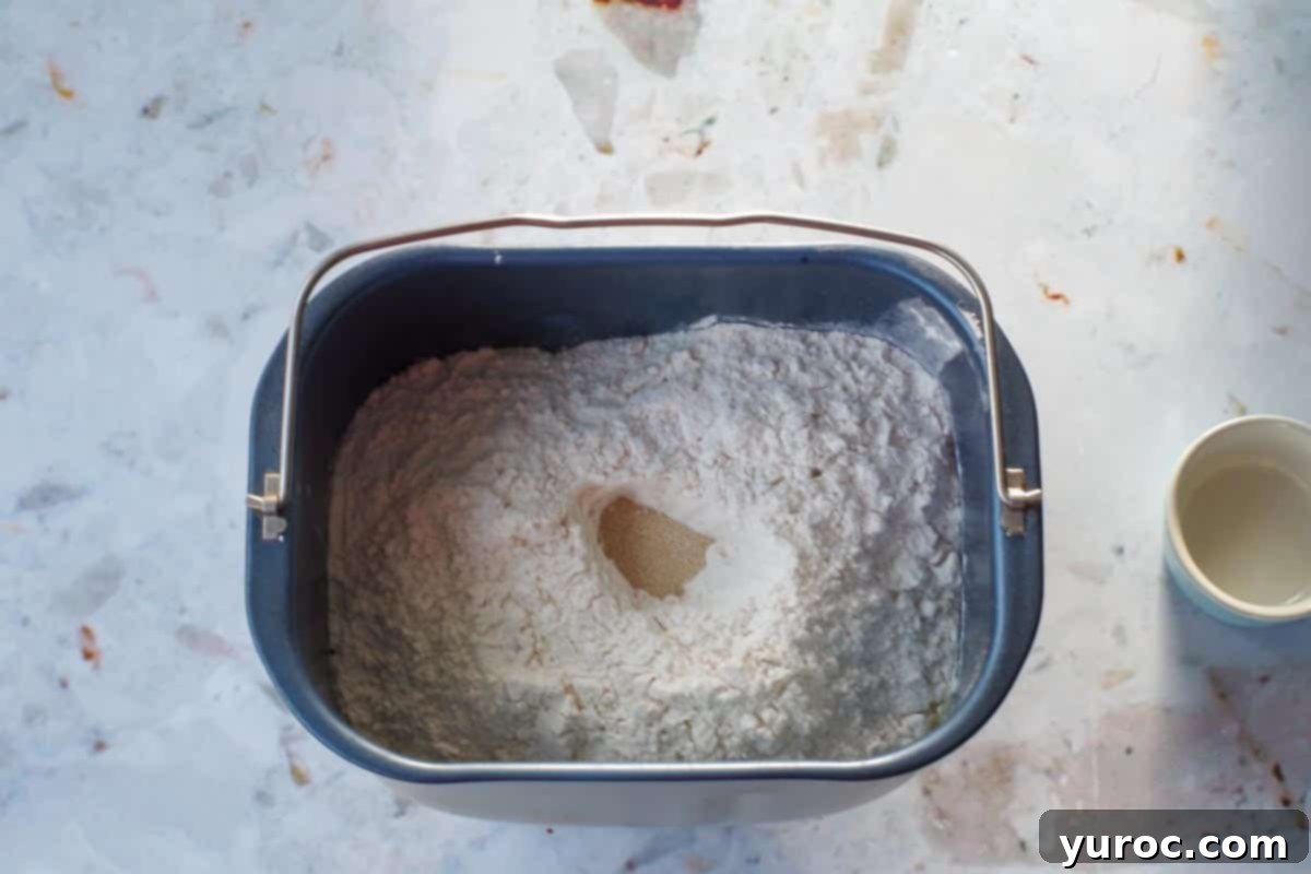 Bread Machine Ukrainian Easter Babka 8 Bread pan loaf with flour added and hole for yeast dug and yeast added.