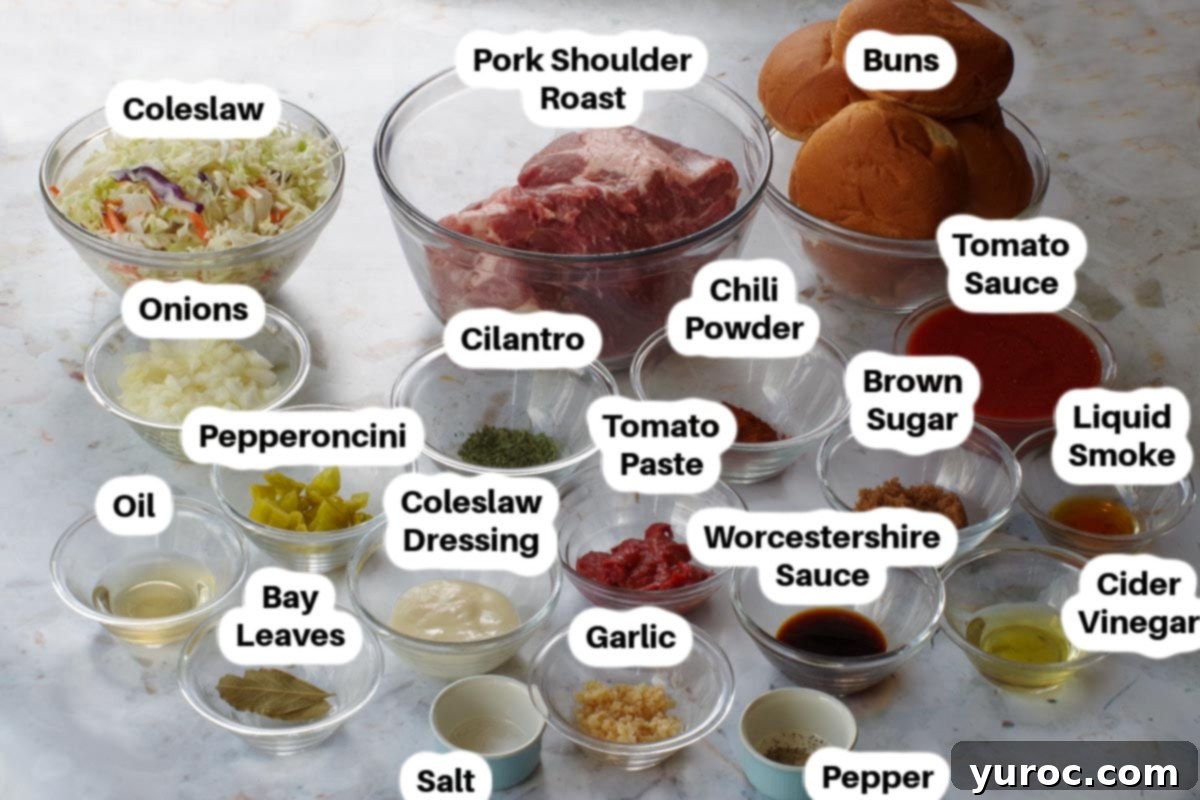 Ingredients in Pulled Pork on a Bun in glass bowls, labelled.