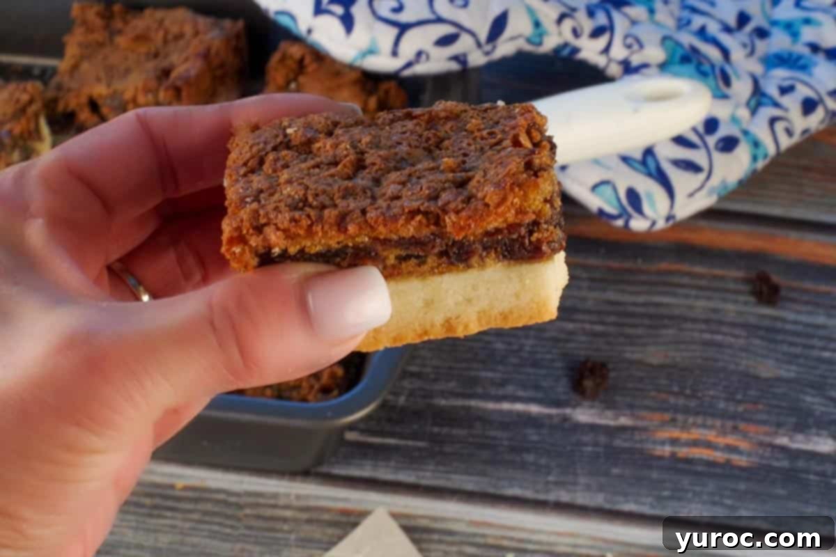 A perfectly baked Butter Tart Square being held up in a hand, showcasing its golden crust and gooey center.
