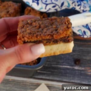 A perfectly baked Butter Tart Square being held up in a hand, showcasing its golden crust and gooey center.