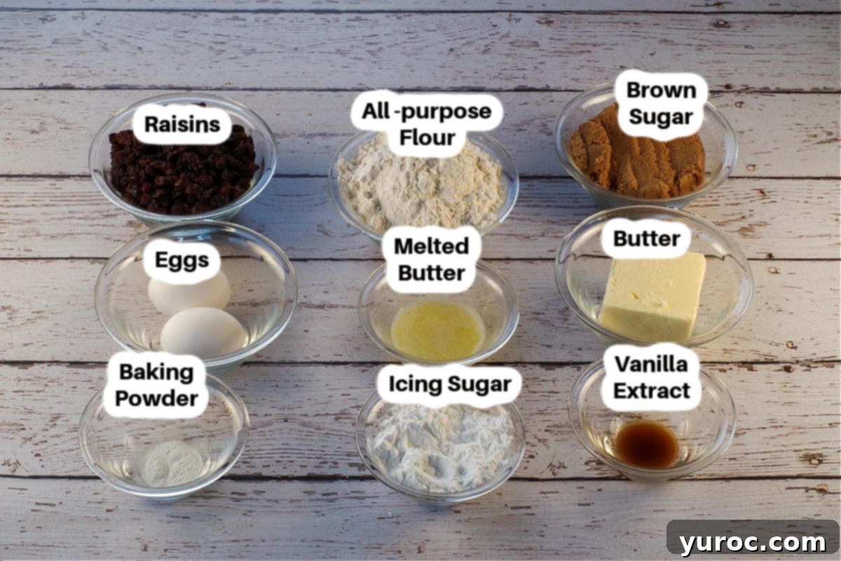Main ingredients for Butter Tart Slice arranged neatly in glass bowls on a kitchen counter.