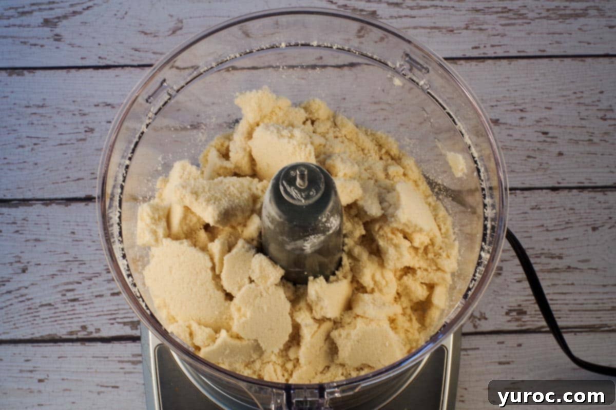 Base ingredients for the shortbread crust mixed together in a food processor, forming a cohesive dough.