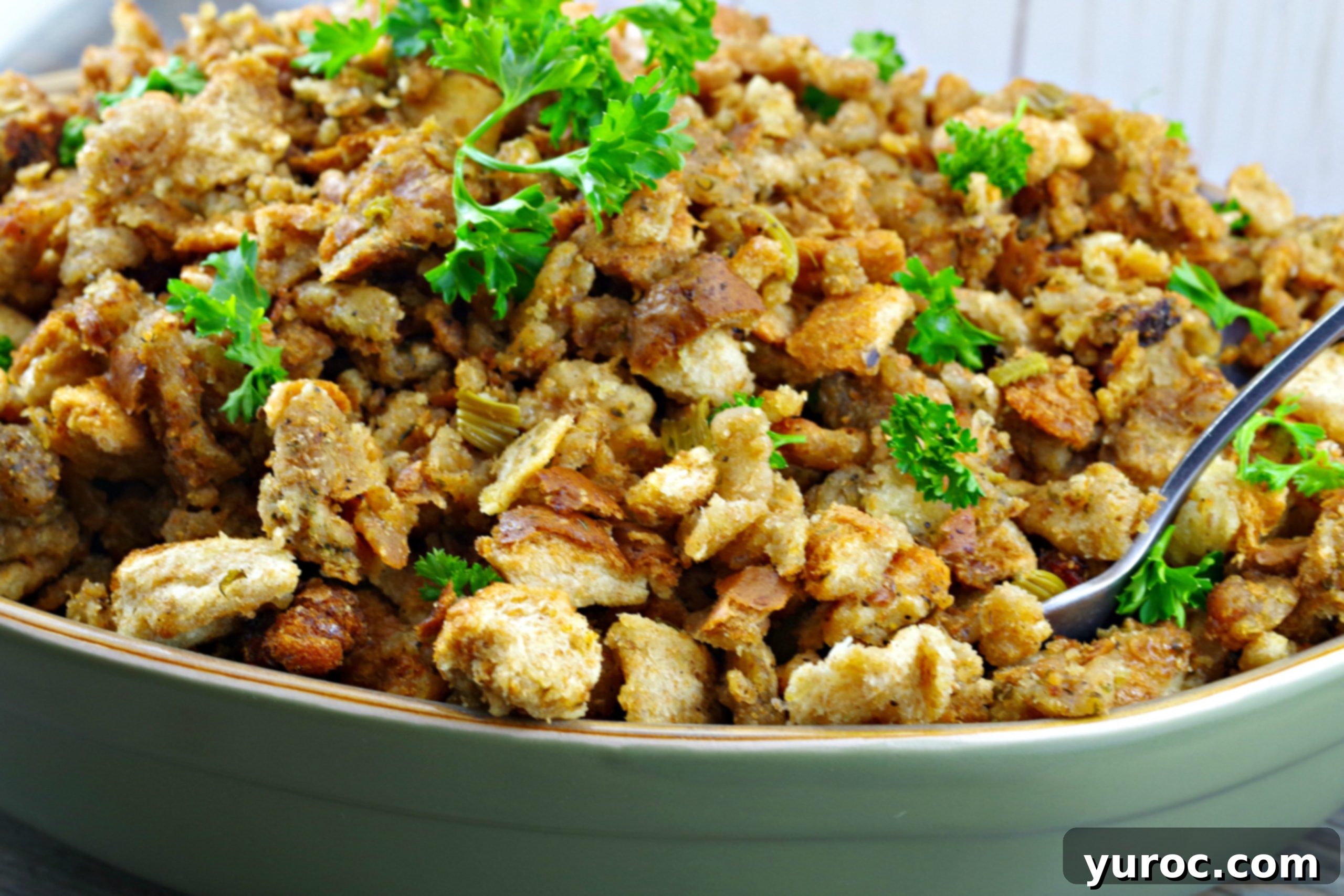 Traditional Old Fashioned Turkey Stuffing in a baking dish, ready to be served.