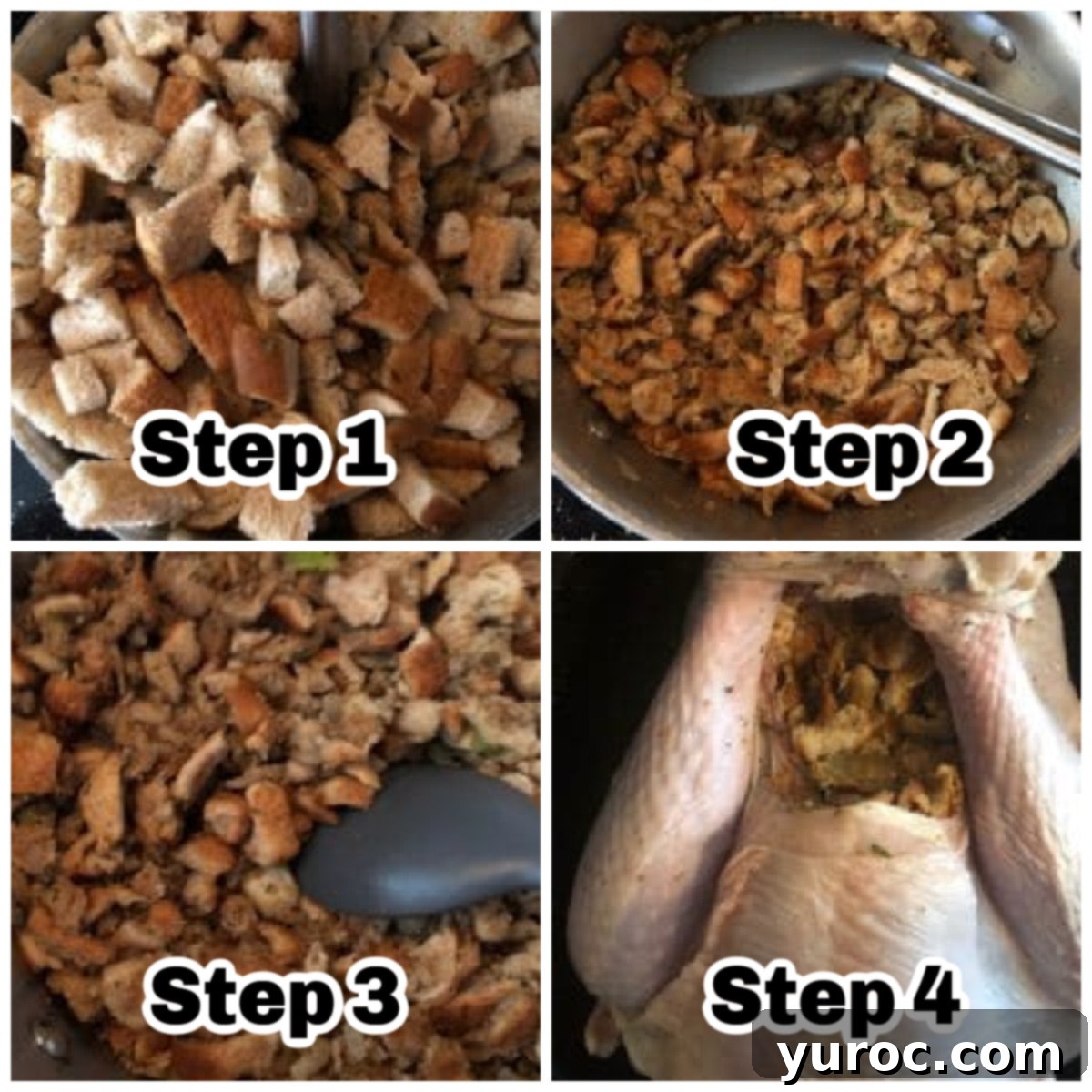 Collage of four photos showing the preparation steps for turkey stuffing, including drying bread, sauteing vegetables, mixing ingredients, and the finished product.
