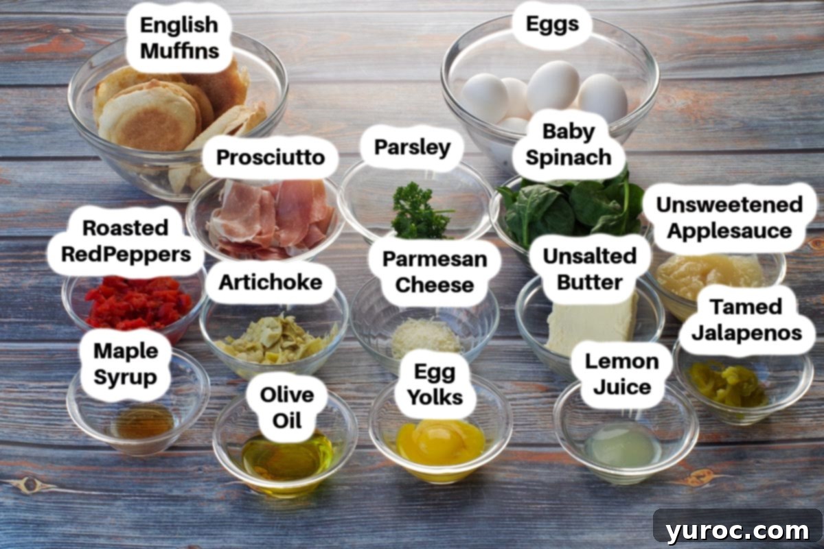 Ingredients in Prosciutto Eggs Benedict in glass bowls, labelled.