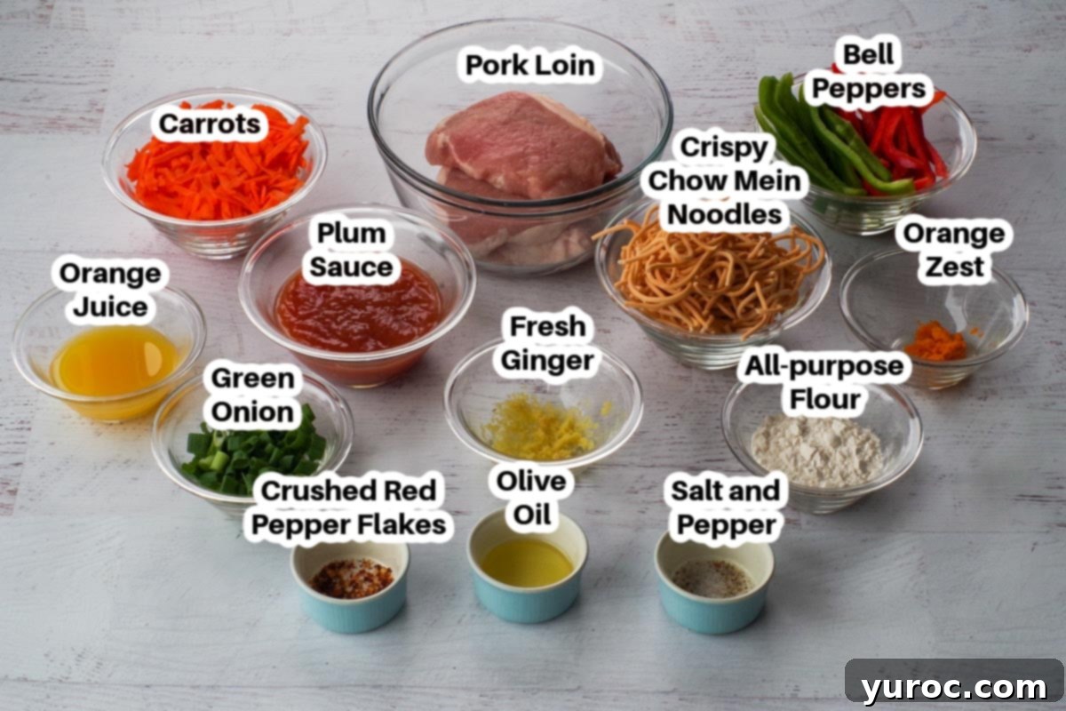 Ingredients for Plum Sauce Pork laid out in glass bowls, clearly labelled.