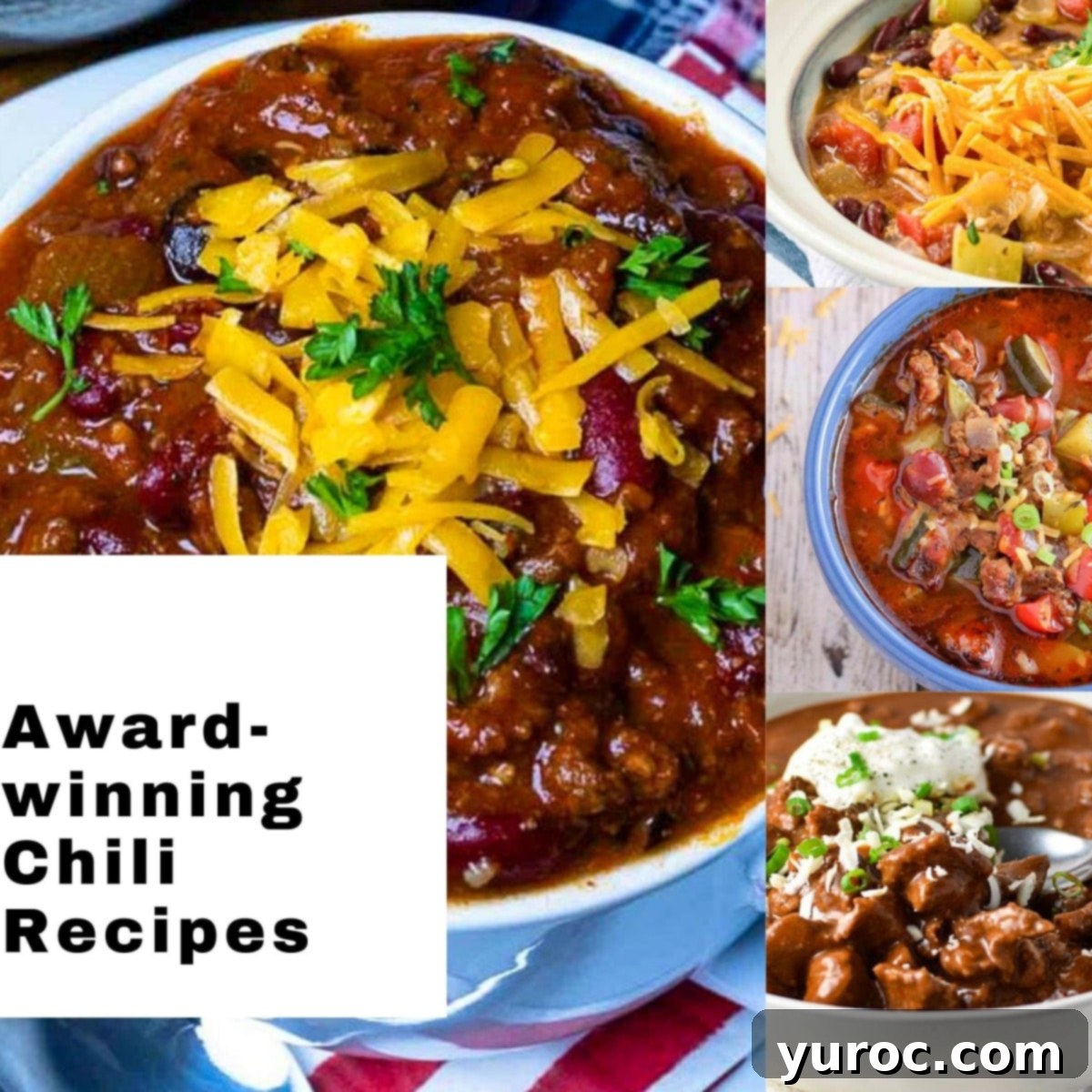 collage of 4 photos of award-winning chili with black text on white background