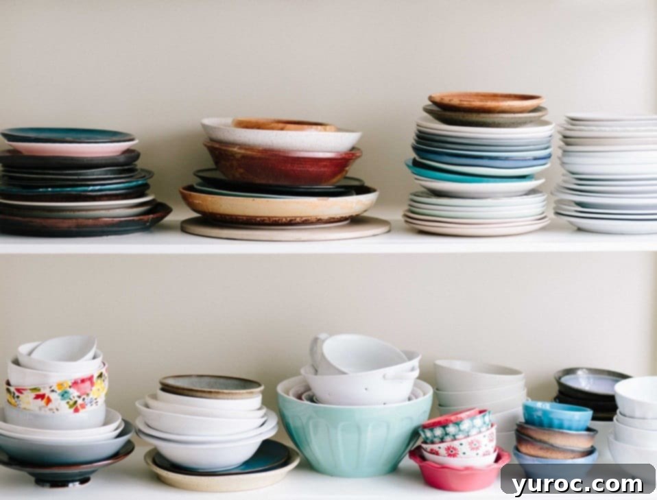 a variety of dishes on 2 shelves