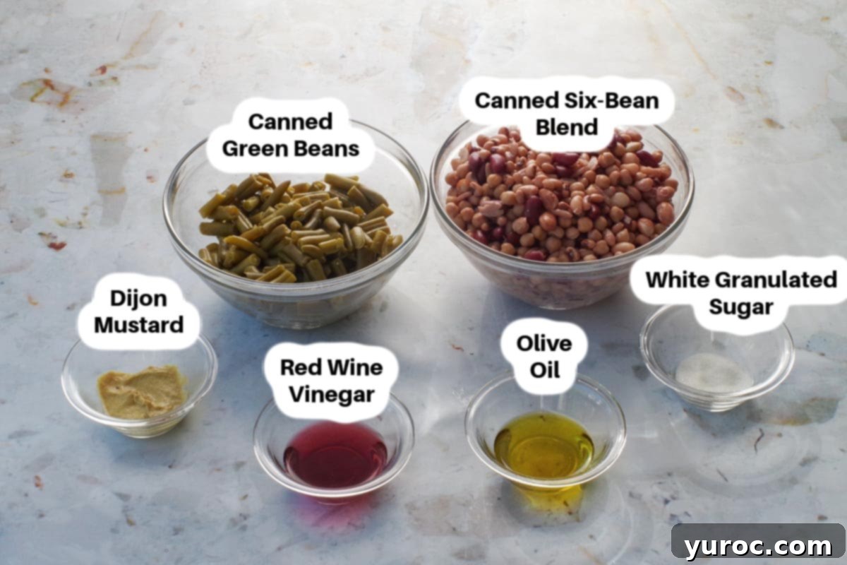 Effortless Mixed Bean Salad 3 Ingredients in Canned Bean Medley Salad in glass bowls, labelled.
