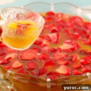 Berry Bliss Fizz 10 strawberry party punch in a punch bowl with a mug of punch being held up