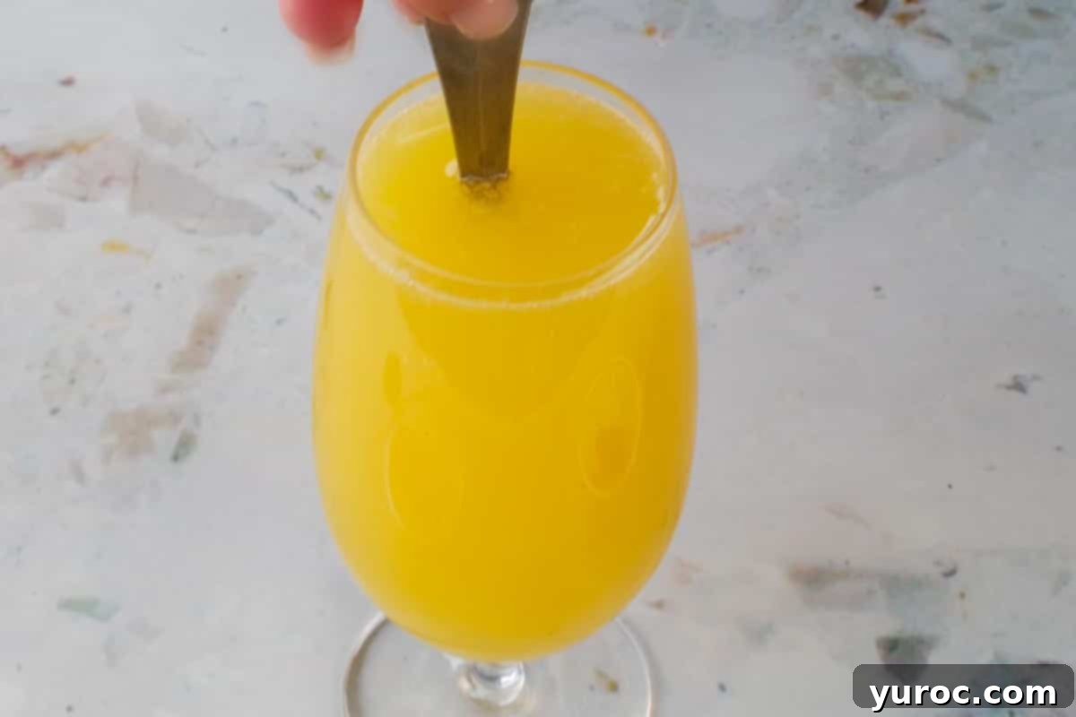 All ingredients poured into a 20 oz glass, being stirred with a spoon.