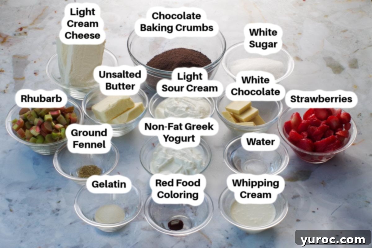 A collection of ingredients for Strawberry Rhubarb Cheesecake displayed in glass bowls and labeled.