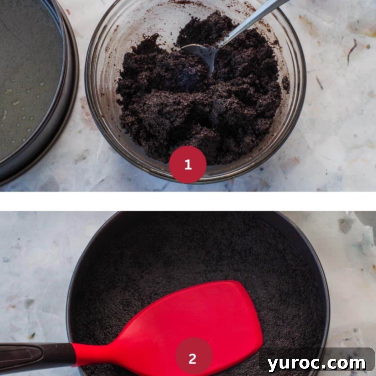 A collage of two photos showing the process of making the chocolate crust for a no-bake strawberry rhubarb cheesecake.