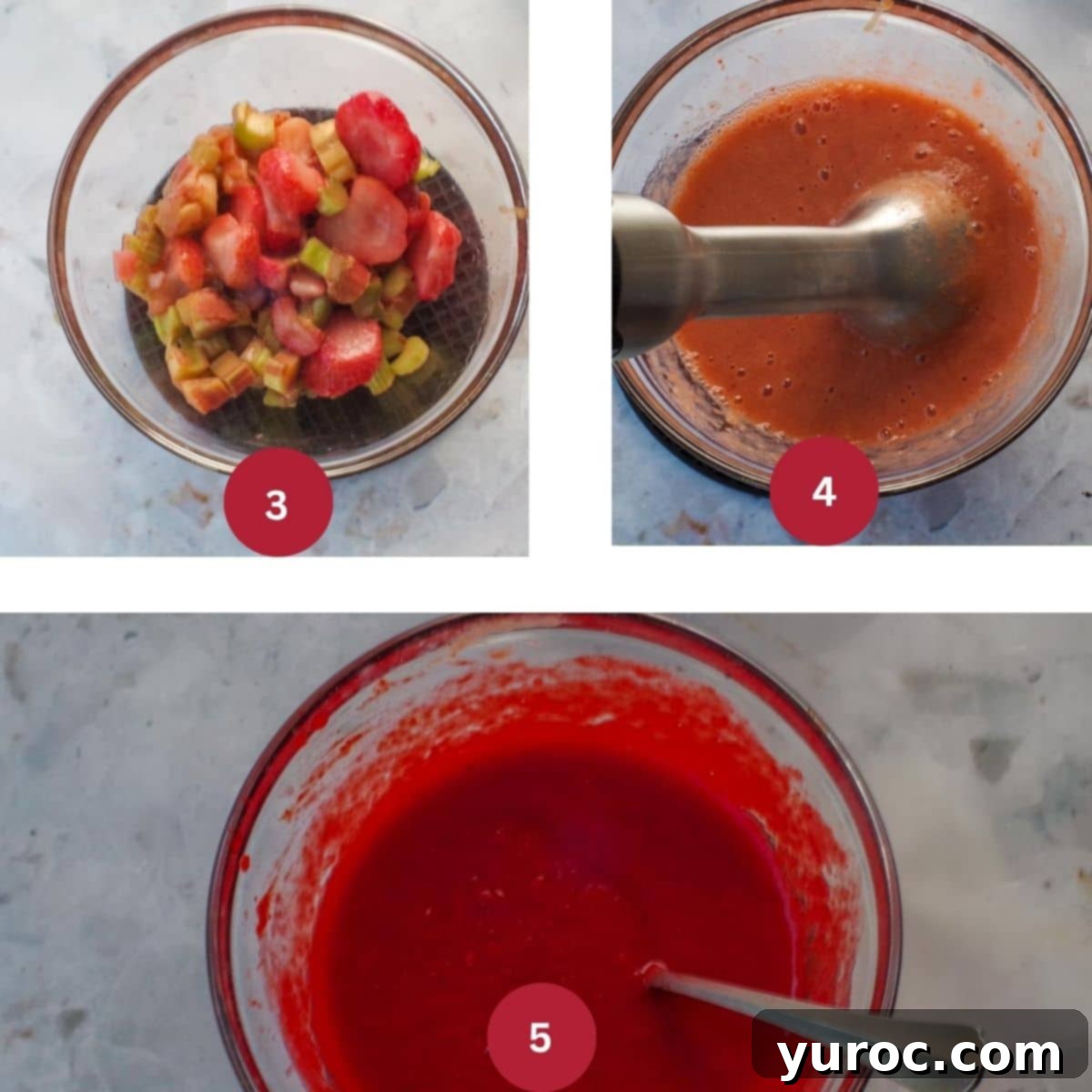 A collage of three photos illustrating the creation of the strawberry rhubarb swirl for the cheesecake.