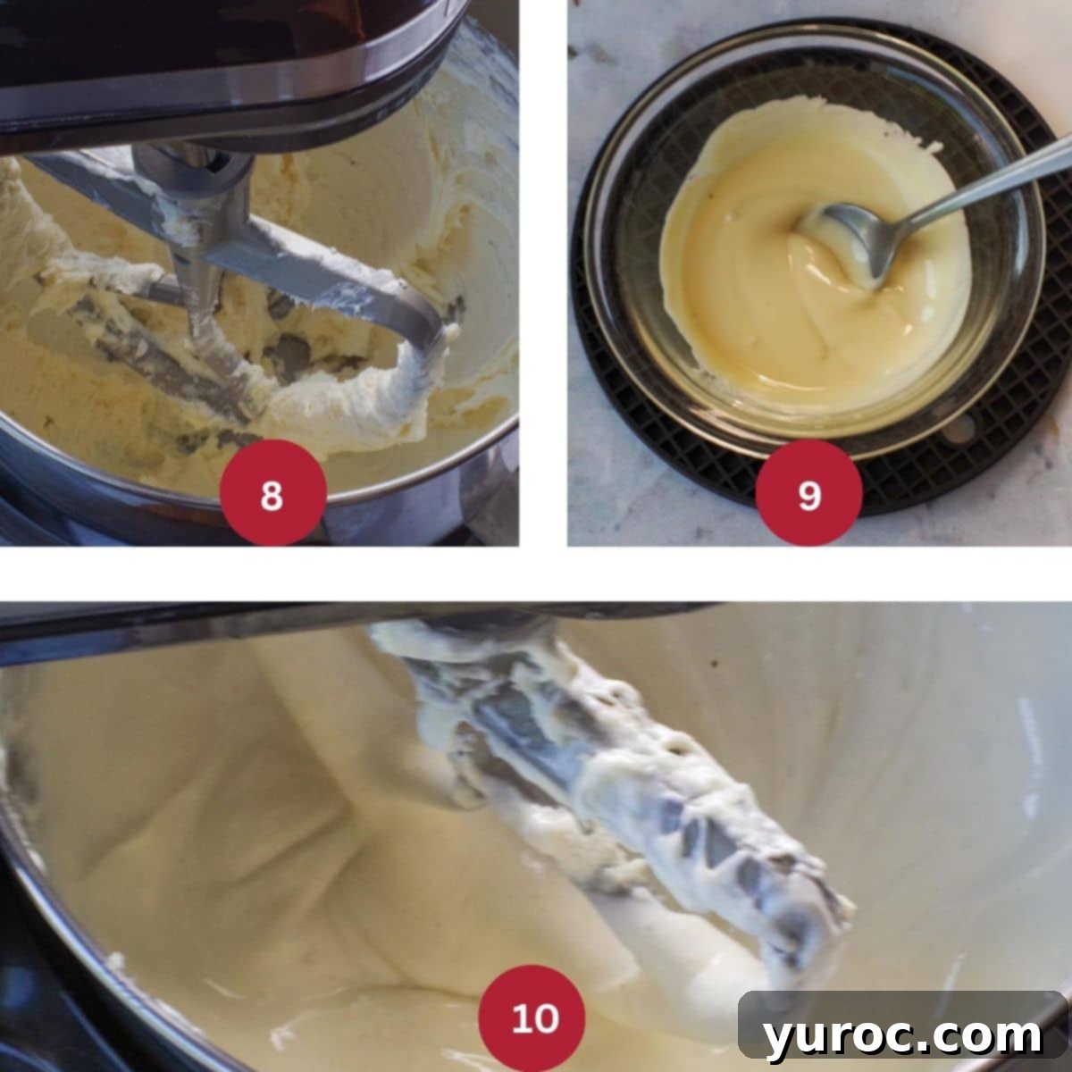 A three-photo collage demonstrating the process of making the cheesecake filling.