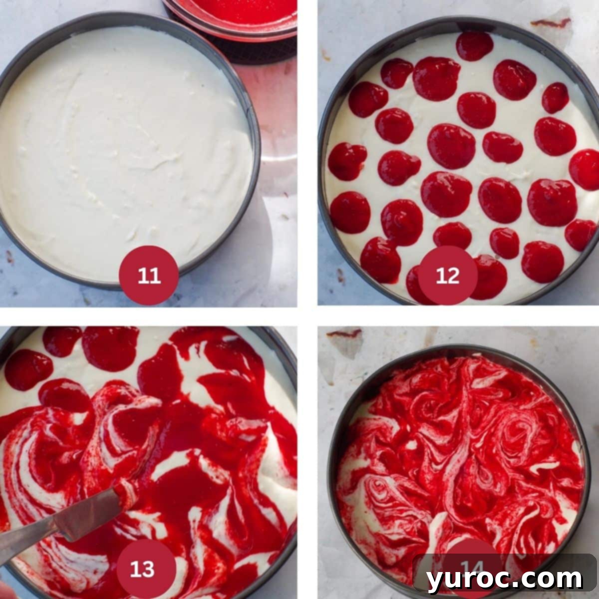 A collage of four photos showing the assembly process of the cheesecake.