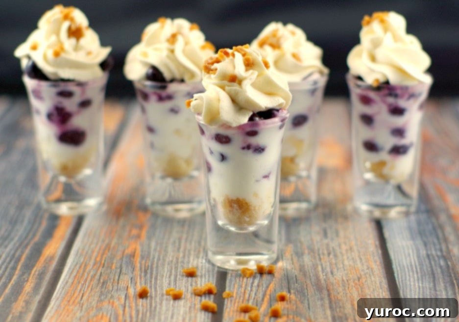 Saskatoon Berry Tiramisu dessert shooter in a glass, featuring Juneberries - FoodMeanderings.com