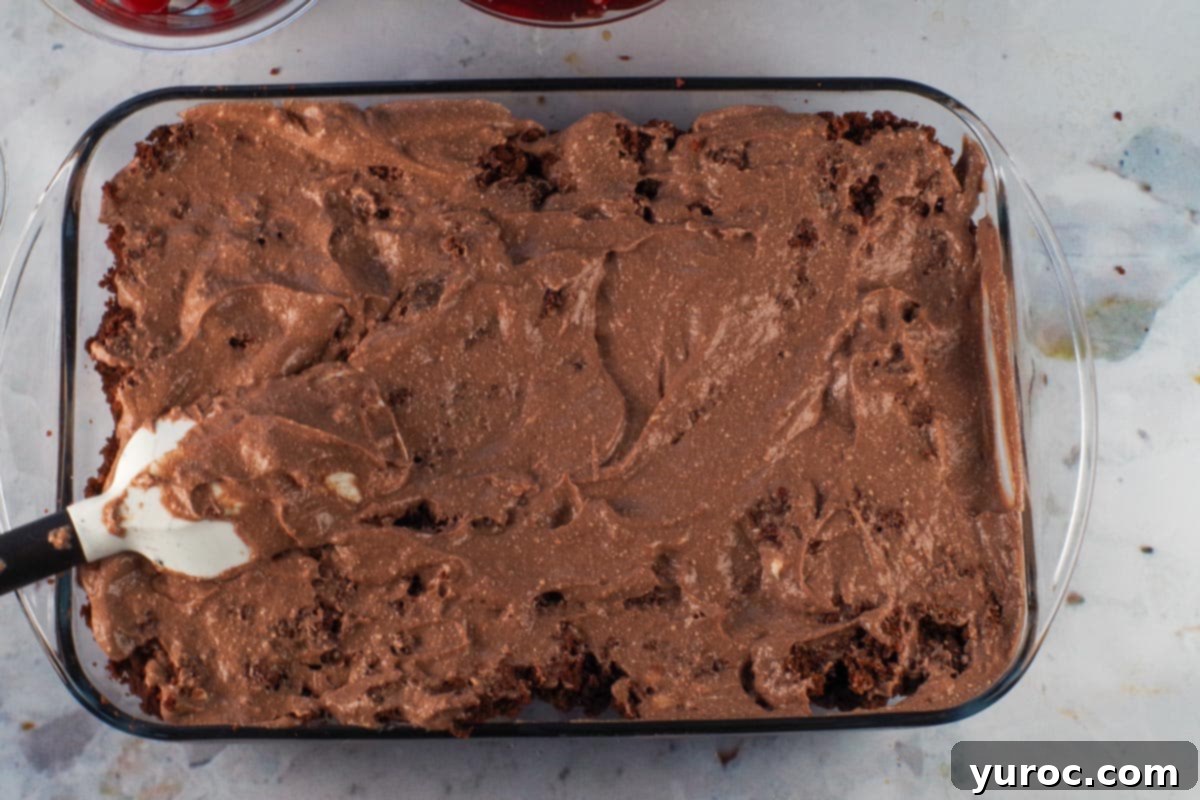 Pudding cheese mixture spread over the chocolate cake layer.