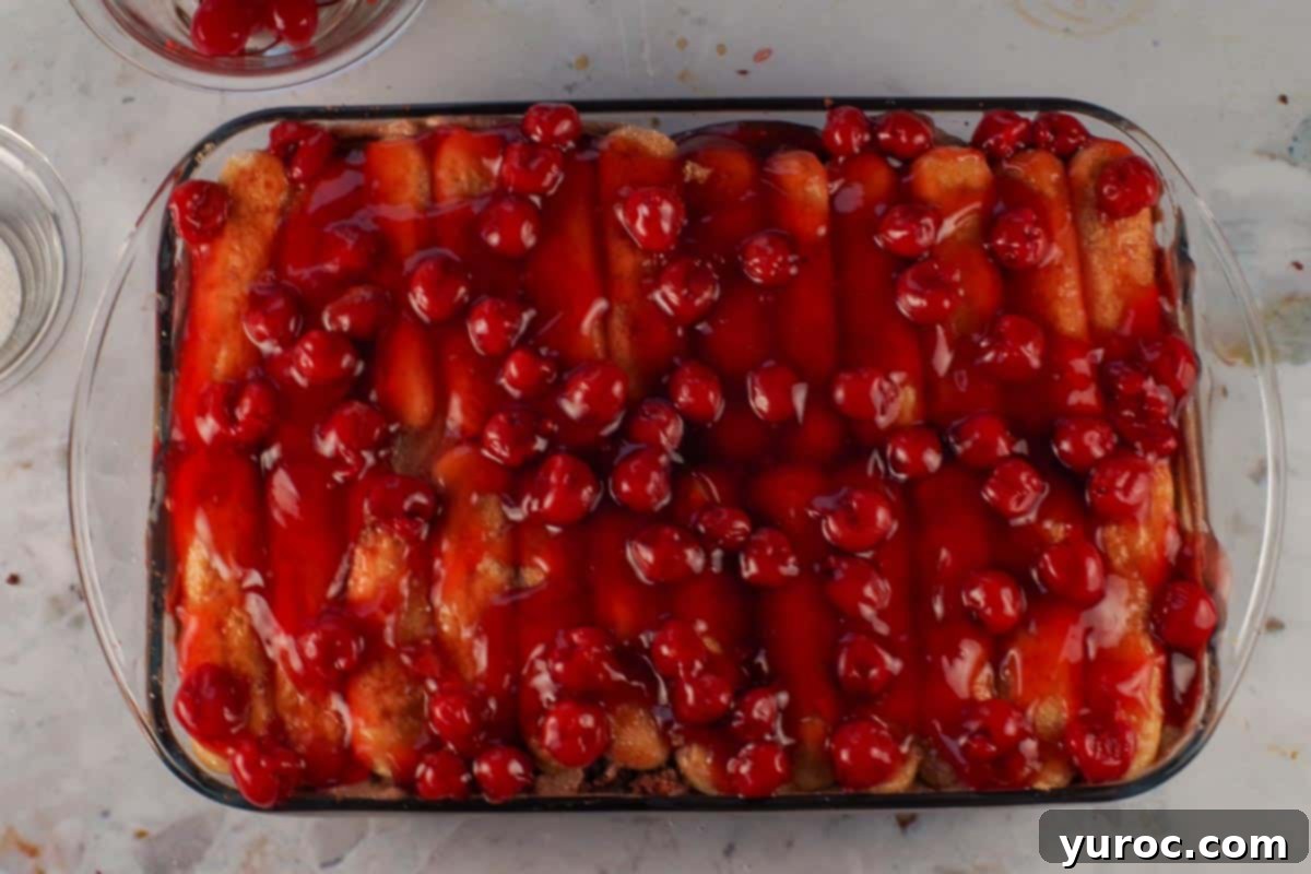 Can of cherry pie filling spread over the top lady fingers layer.