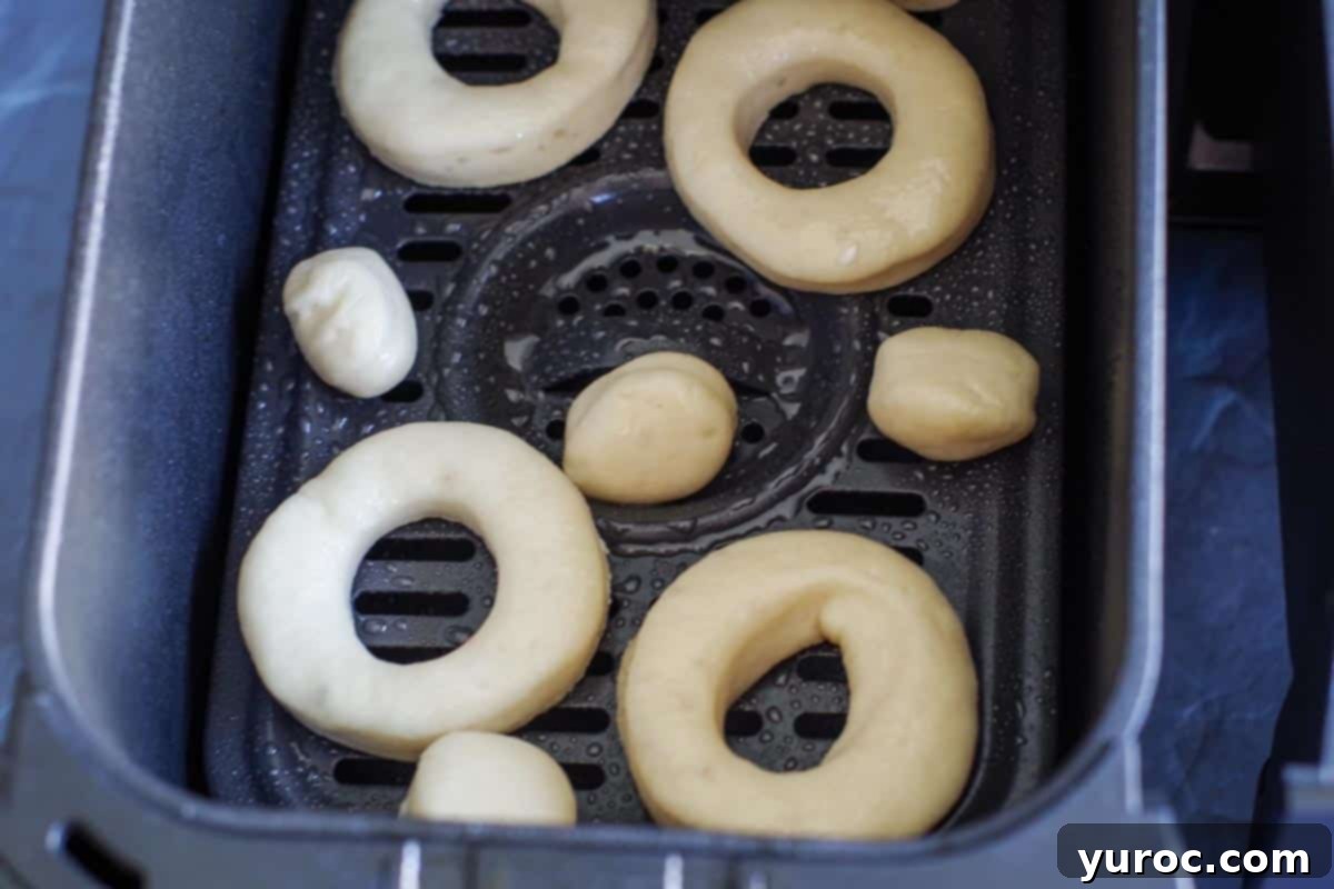 Uncooked doughnuts placed inside an air fryer basket, ready for cooking.